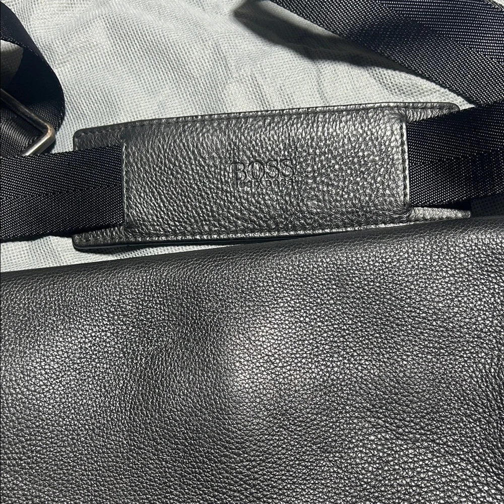 Boss Hugo Boss Black Leather Messenger Bag with Adjustable Strap